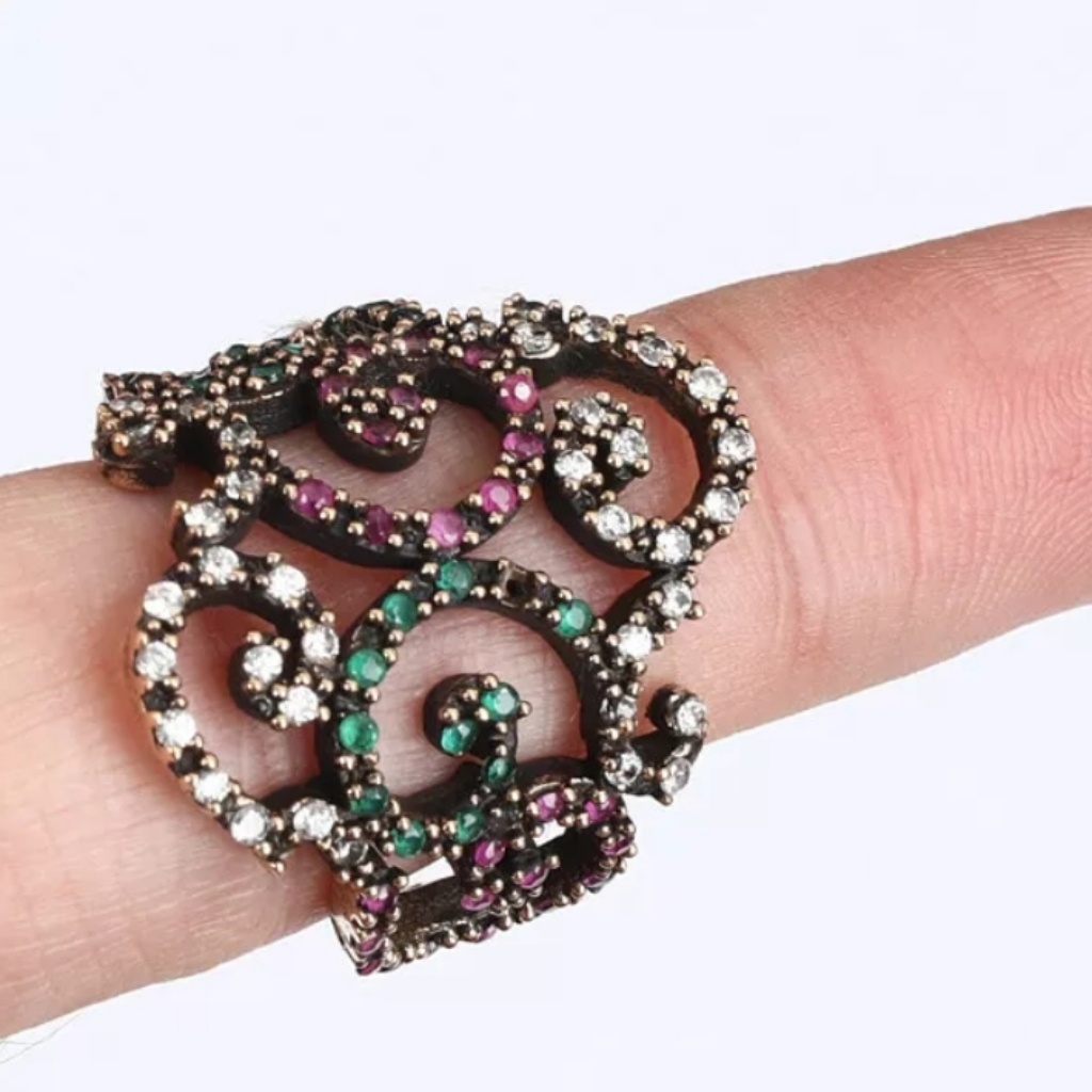 Ruby, Emerald & White Topaz Scroll Ring